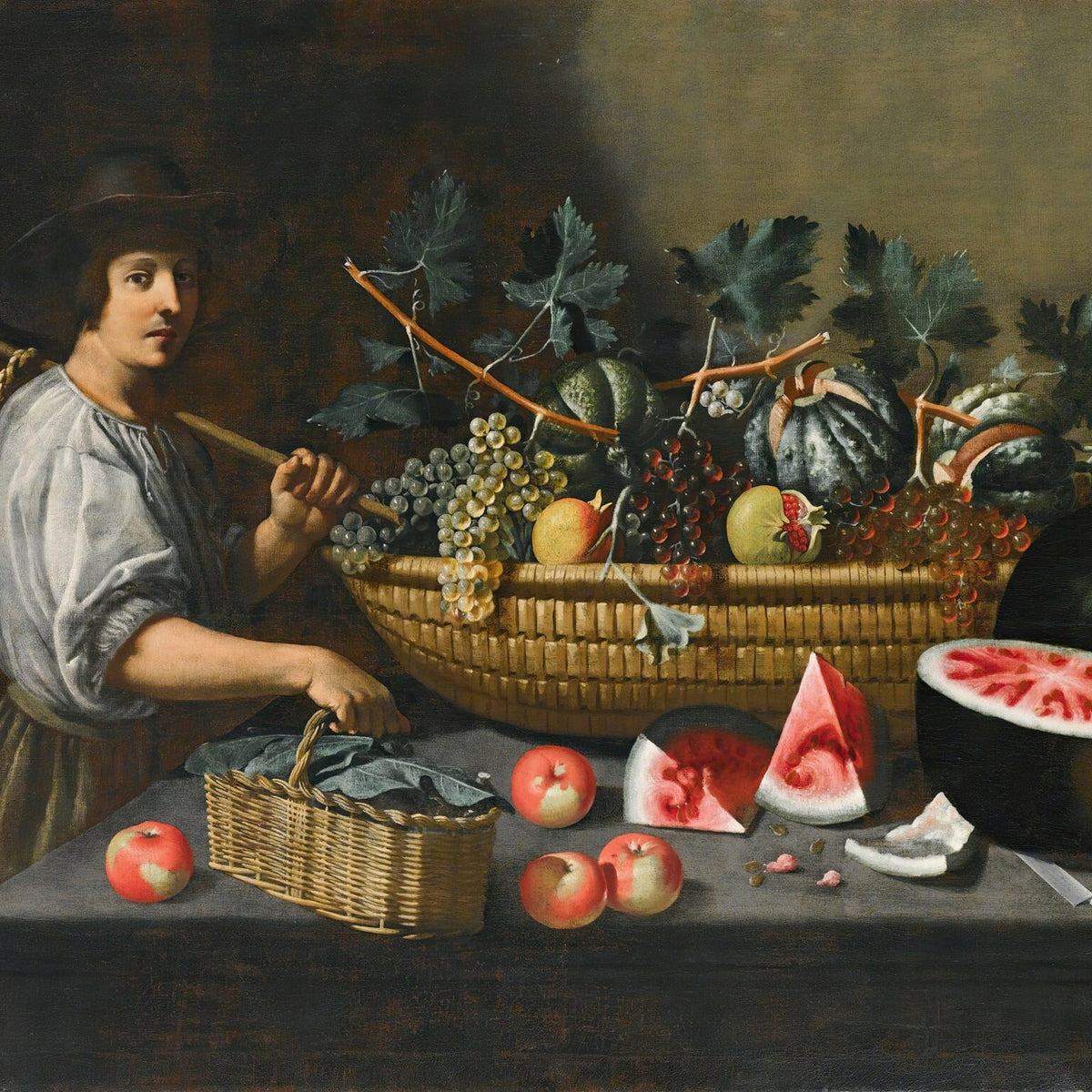 Still Life Oil Painting - Fruit Basket with Young Man - Oil Painting Haven