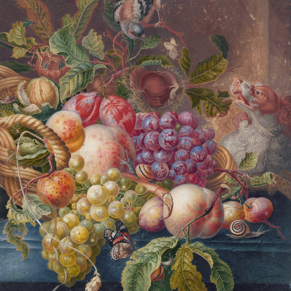 Still Life Oil Painting - Fruit, Bird and Dog - Oil Painting Haven