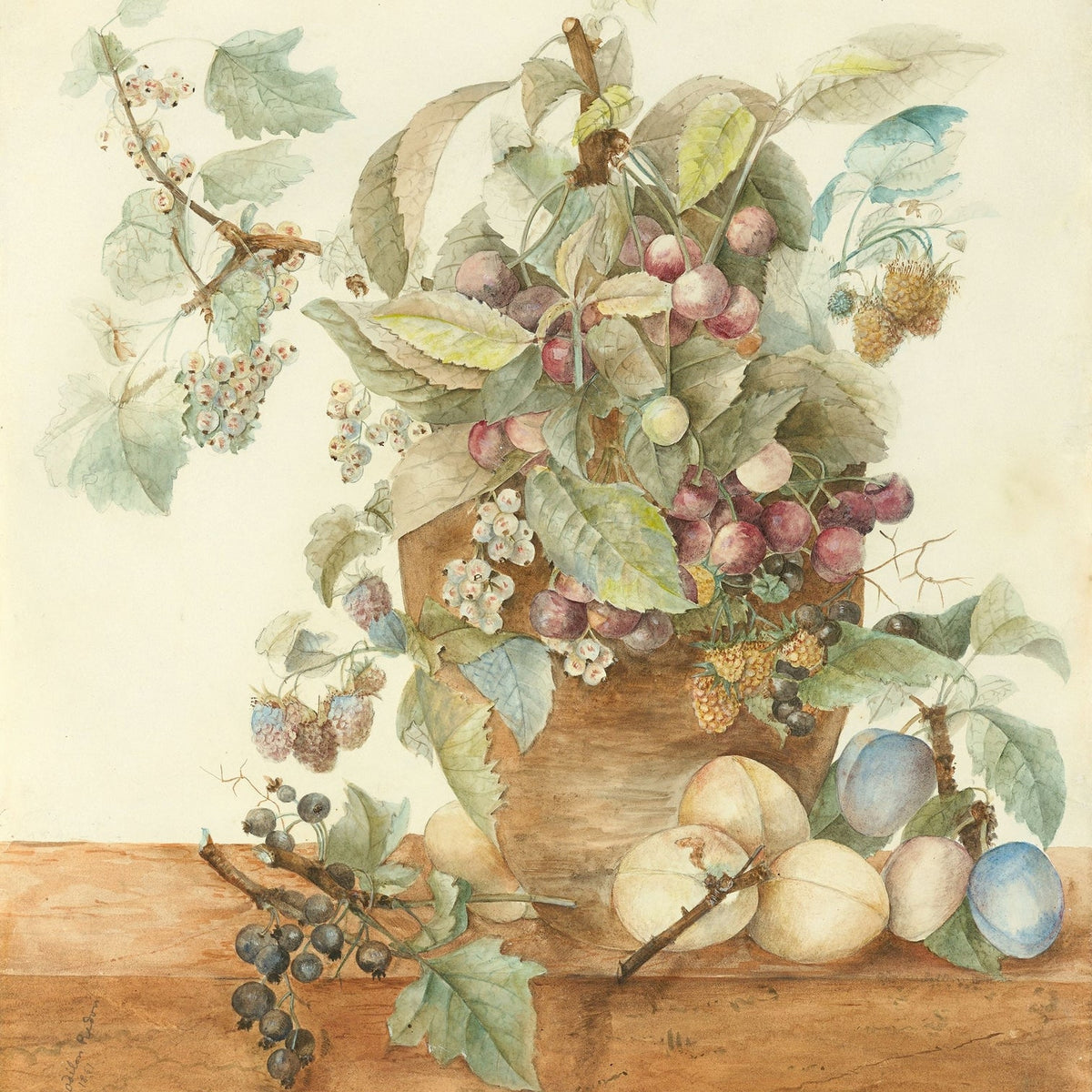 Still Life Oil Painting - Fruit Bouquet in Rustic Vase - Oil Painting Haven