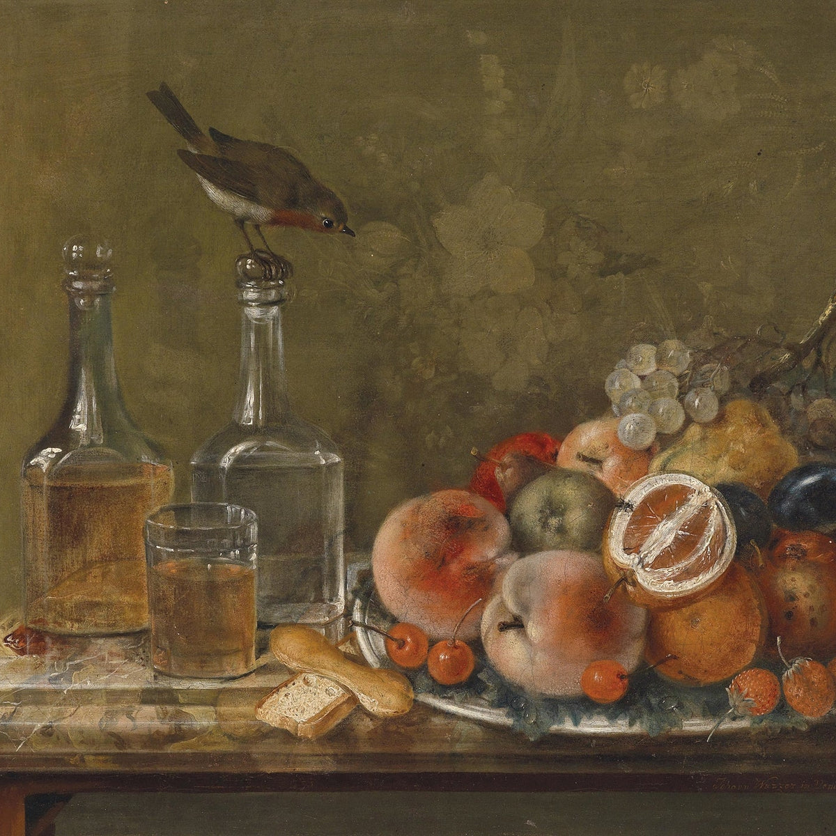 Still Life Oil Painting - Fruit, Glass Bottles and Bird - Oil Painting Haven