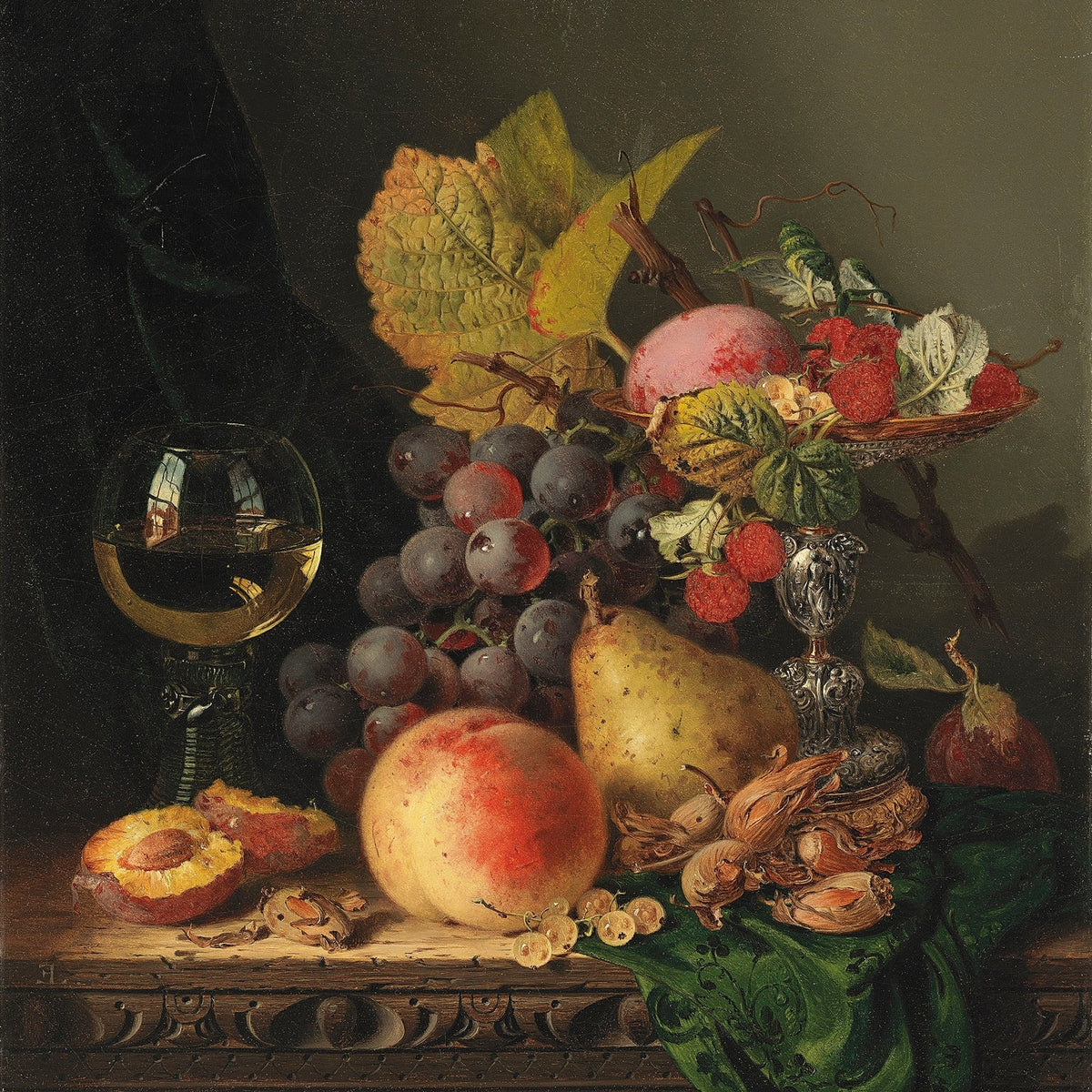 Still Life Oil Painting - Fruit, Grapes and Wine Glass - Oil Painting Haven