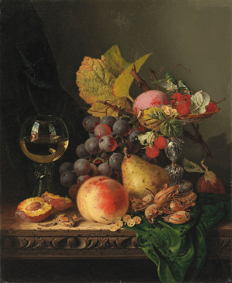 Still Life Oil Painting - Fruit, Grapes and Wine Glass - Oil Painting Haven