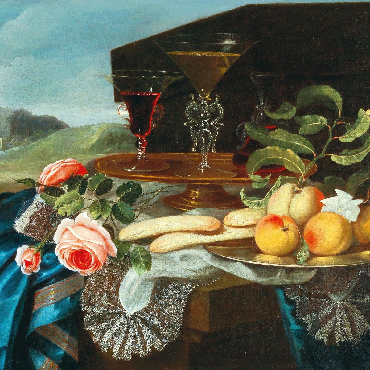 Still Life Oil Painting - Fruit, Roses and Wine Glasses - Oil Painting Haven