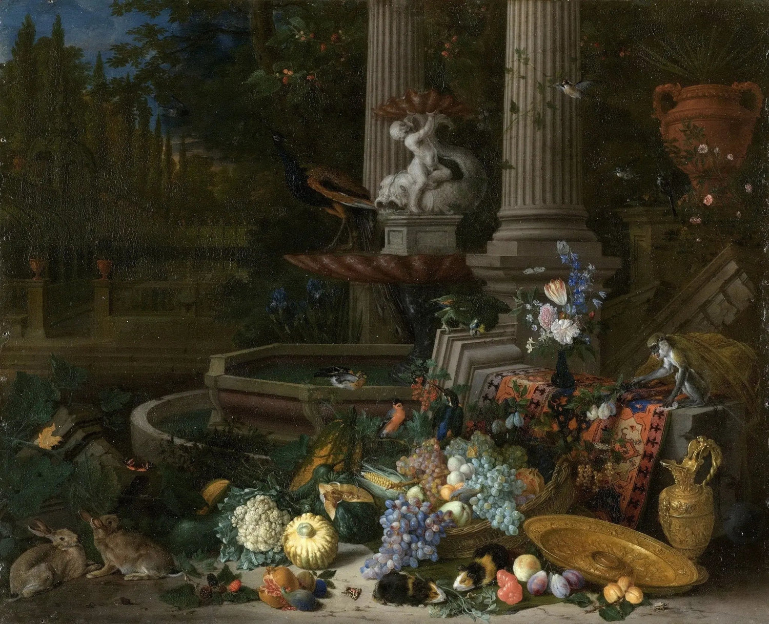 Still Life Oil Painting - Fruits, Animals and Garden Fountain - Oil Painting Haven