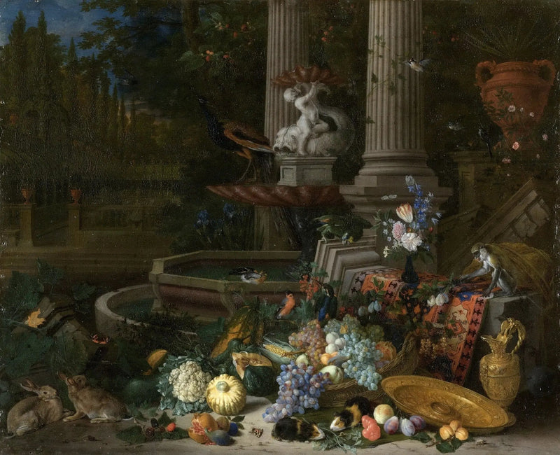 Still Life Oil Painting - Fruits, Animals and Garden Fountain - Oil Painting Haven