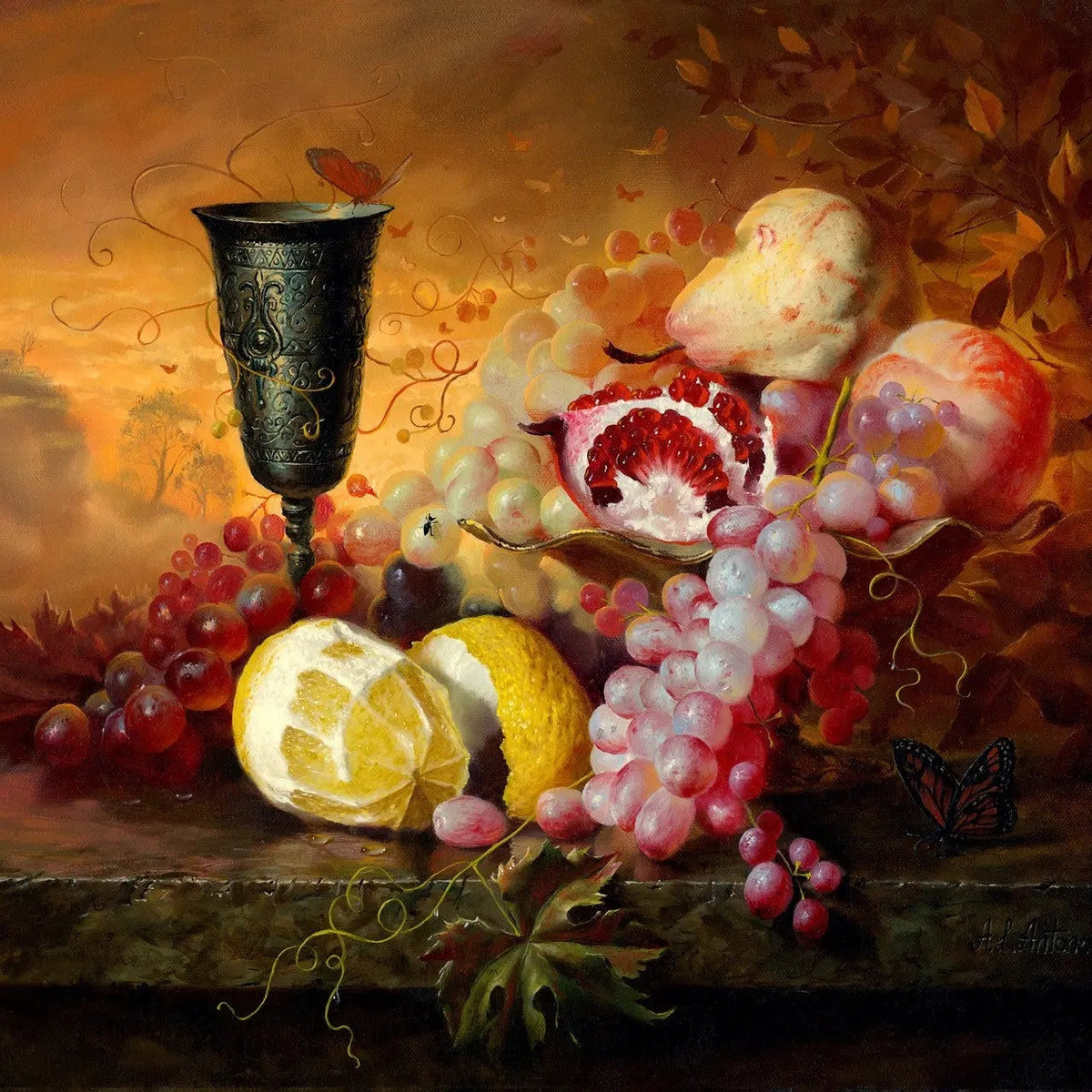 Still Life Oil Painting - Fruits, Antique Goblet and Butterflies - Oil Painting Haven