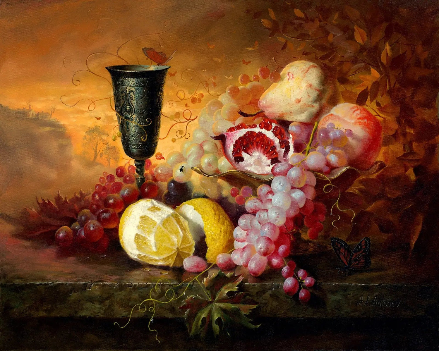 Still Life Oil Painting - Fruits, Antique Goblet and Butterflies - Oil Painting Haven