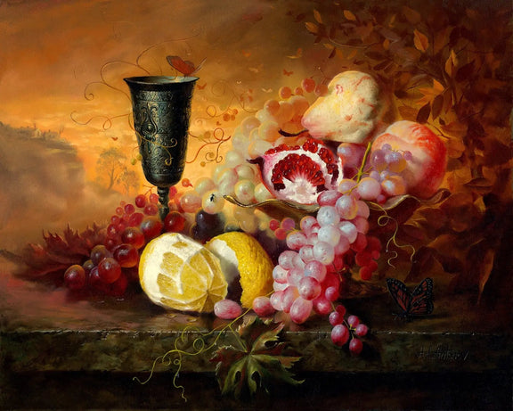 Still Life Oil Painting - Fruits, Antique Goblet and Butterflies - Oil Painting Haven