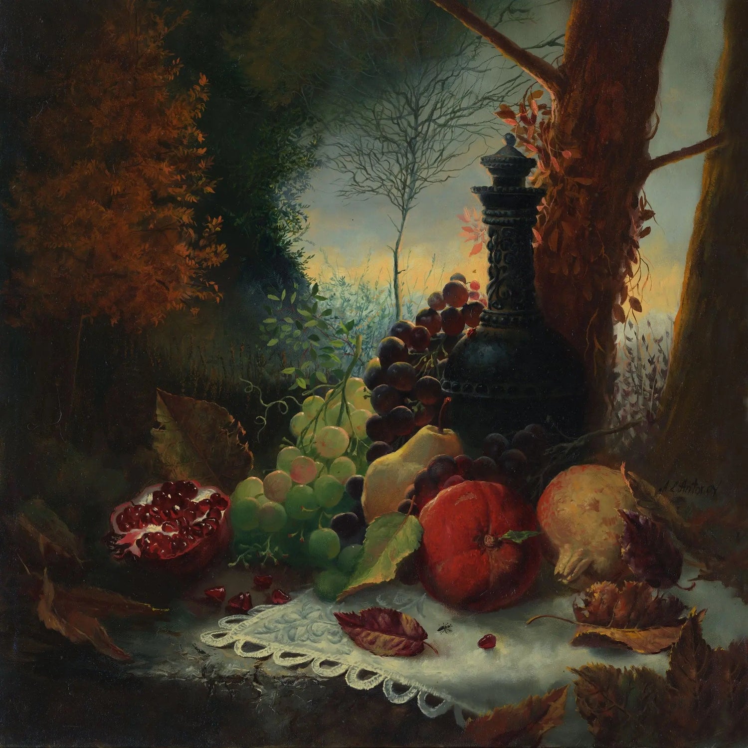 Still Life Oil Painting - Fruits, Antique Vessel and Forest Scene - Oil Painting Haven