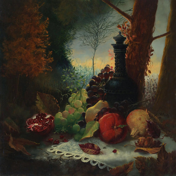 Still Life Oil Painting - Fruits, Antique Vessel and Forest Scene - Oil Painting Haven