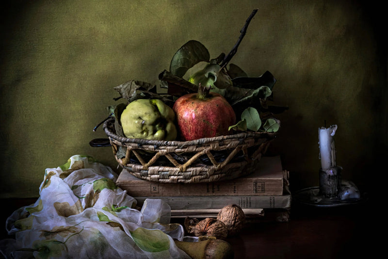 Still Life Oil Painting - Fruits, Books and Candle - Oil Painting Haven