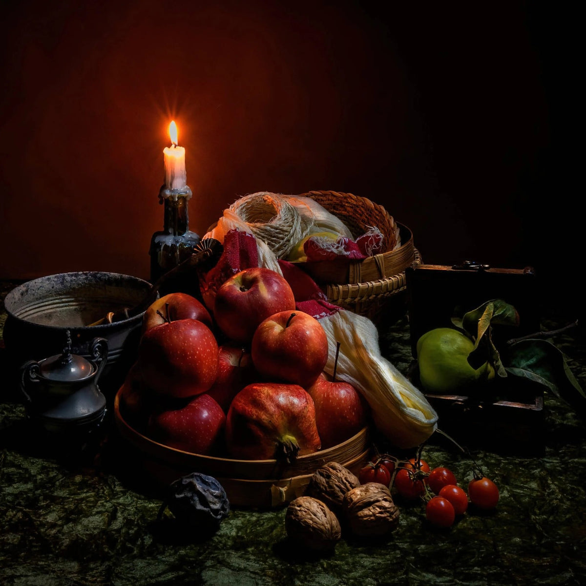 Still Life Oil Painting - Fruits, Candle and Vintage Items - Oil Painting Haven