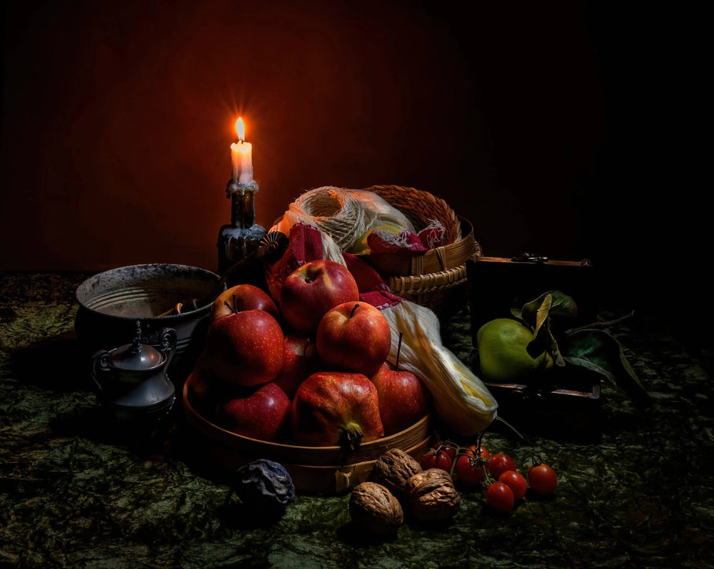 Still Life Oil Painting - Fruits, Candle and Vintage Items - Oil Painting Haven