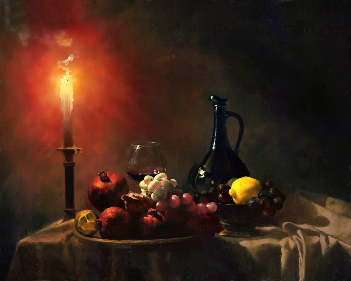 Still Life Oil Painting - Fruits, Candle and Wine Vessel - Oil Painting Haven