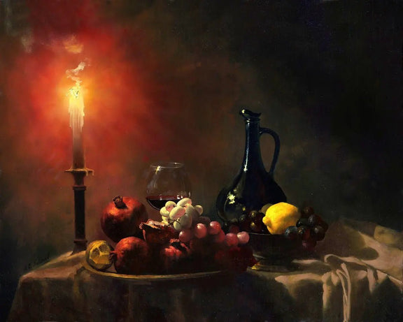 Still Life Oil Painting - Fruits, Candle and Wine Vessel - Oil Painting Haven