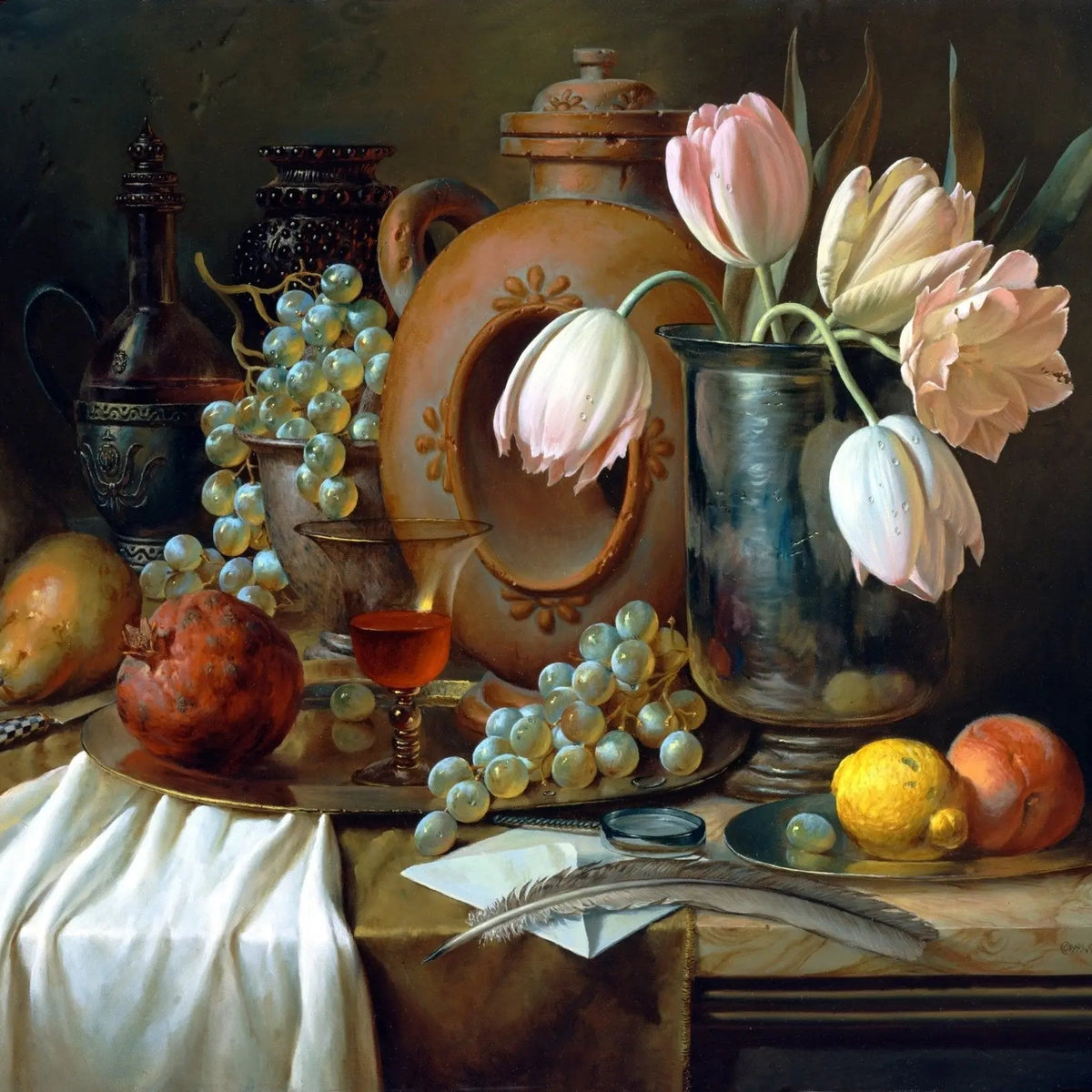 Still Life Oil Painting - Fruits, Flowers and Antique Vessels - Oil Painting Haven