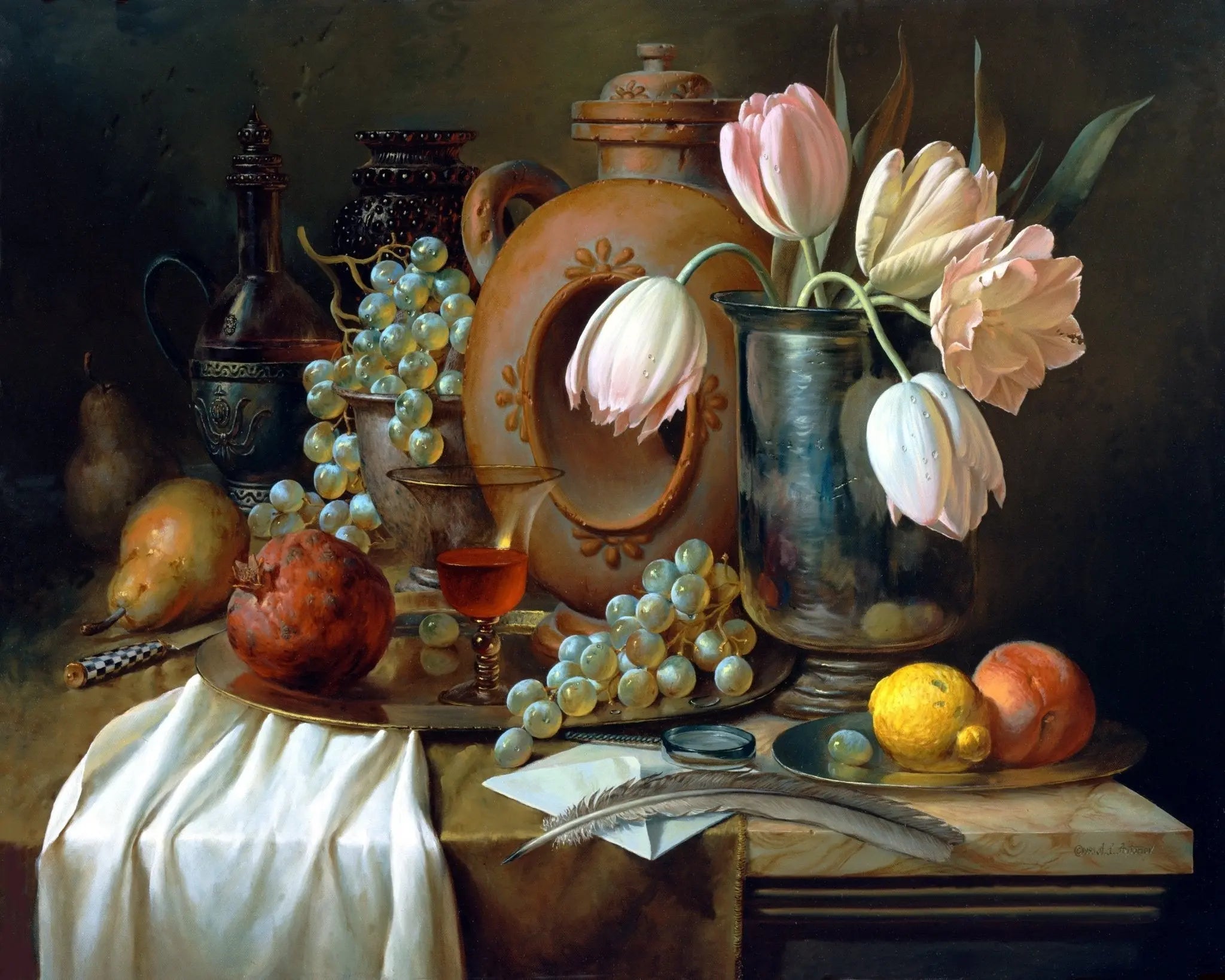 Still Life Oil Painting - Fruits, Flowers and Antique Vessels - Oil Painting Haven