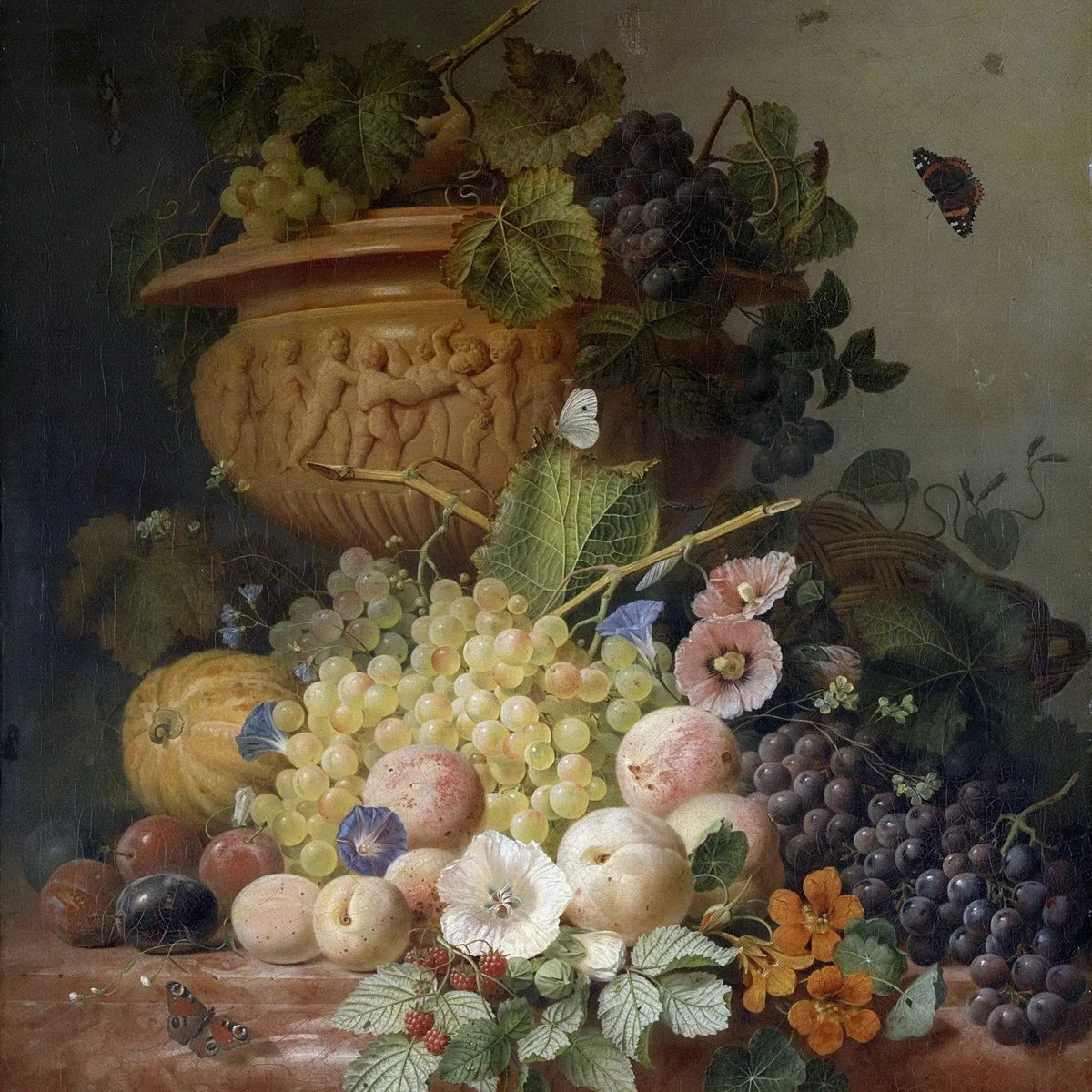 Still Life Oil Painting - Fruits, Flowers and Butterflies Wall Art - Oil Painting Haven
