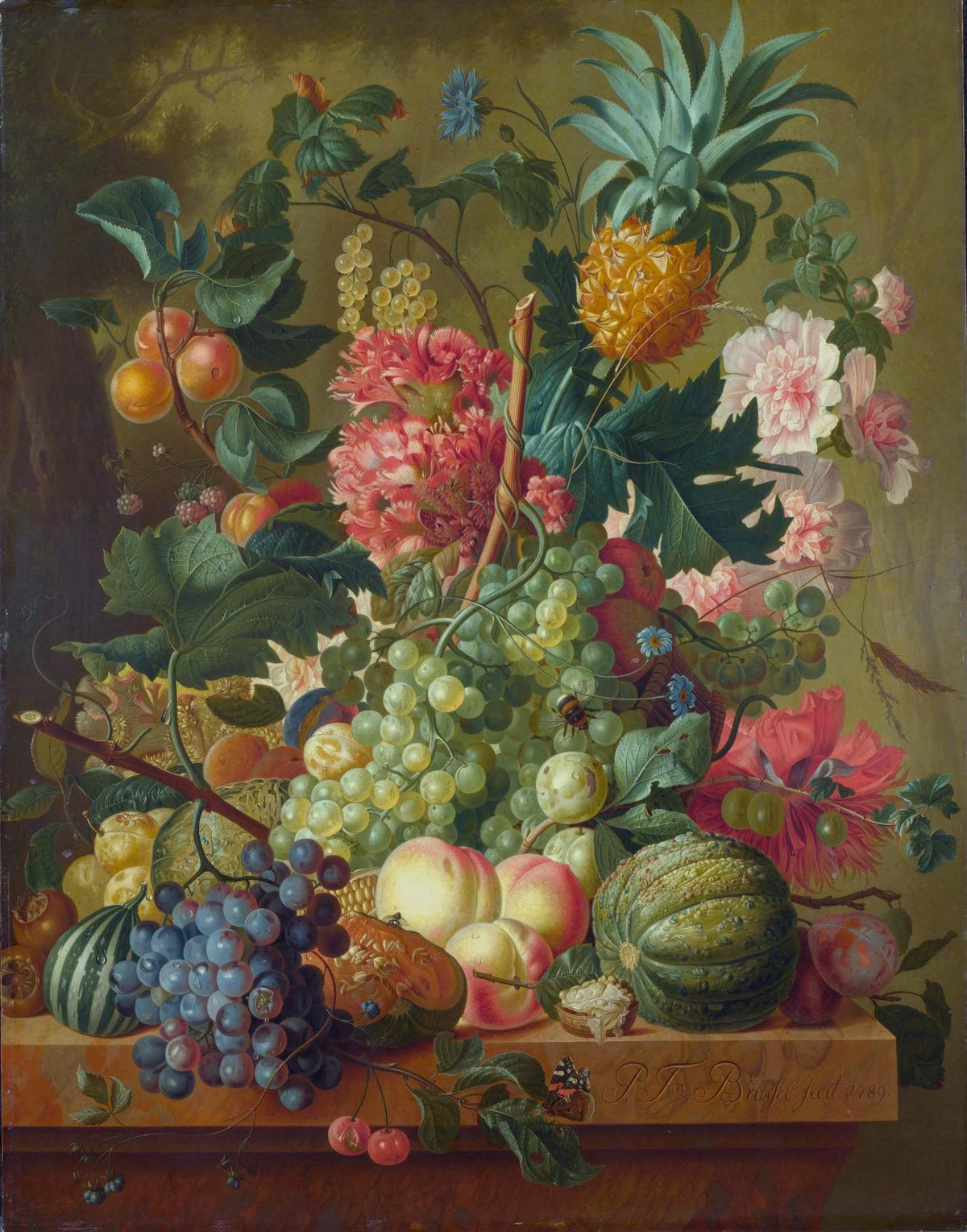 Still Life Oil Painting - Fruits, Flowers and Pineapple