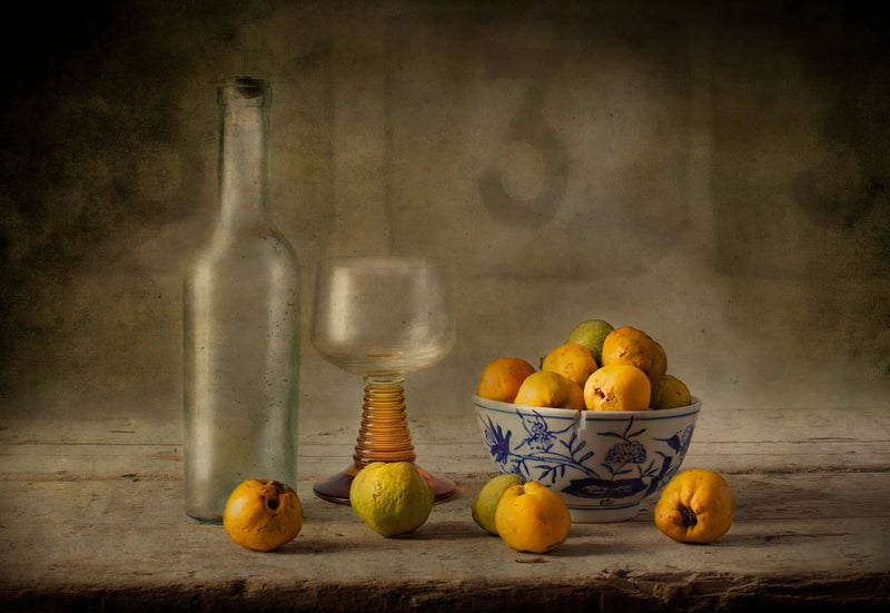 Still Life Oil Painting - Fruits, Glassware and Ceramic Bowl - Oil Painting Haven