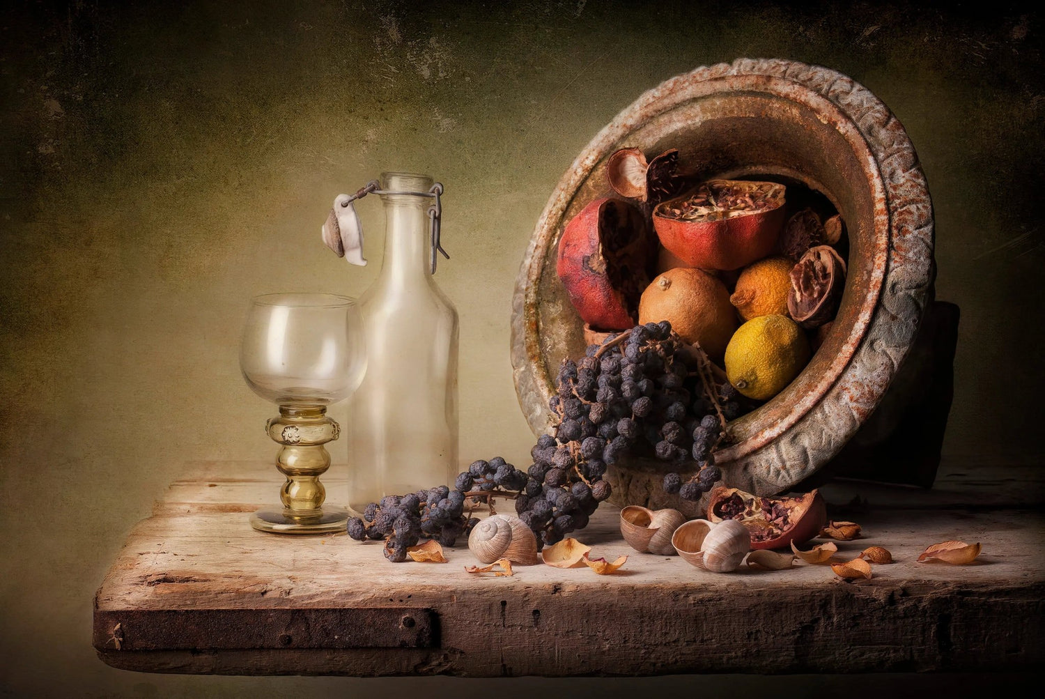 Still Life Oil Painting - Fruits, Glassware and Shells - Oil Painting Haven