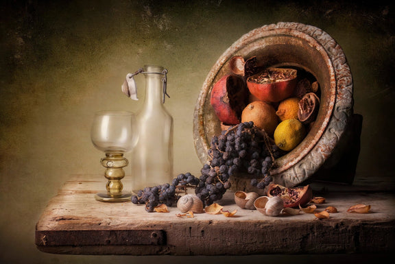 Still Life Oil Painting - Fruits, Glassware and Shells - Oil Painting Haven