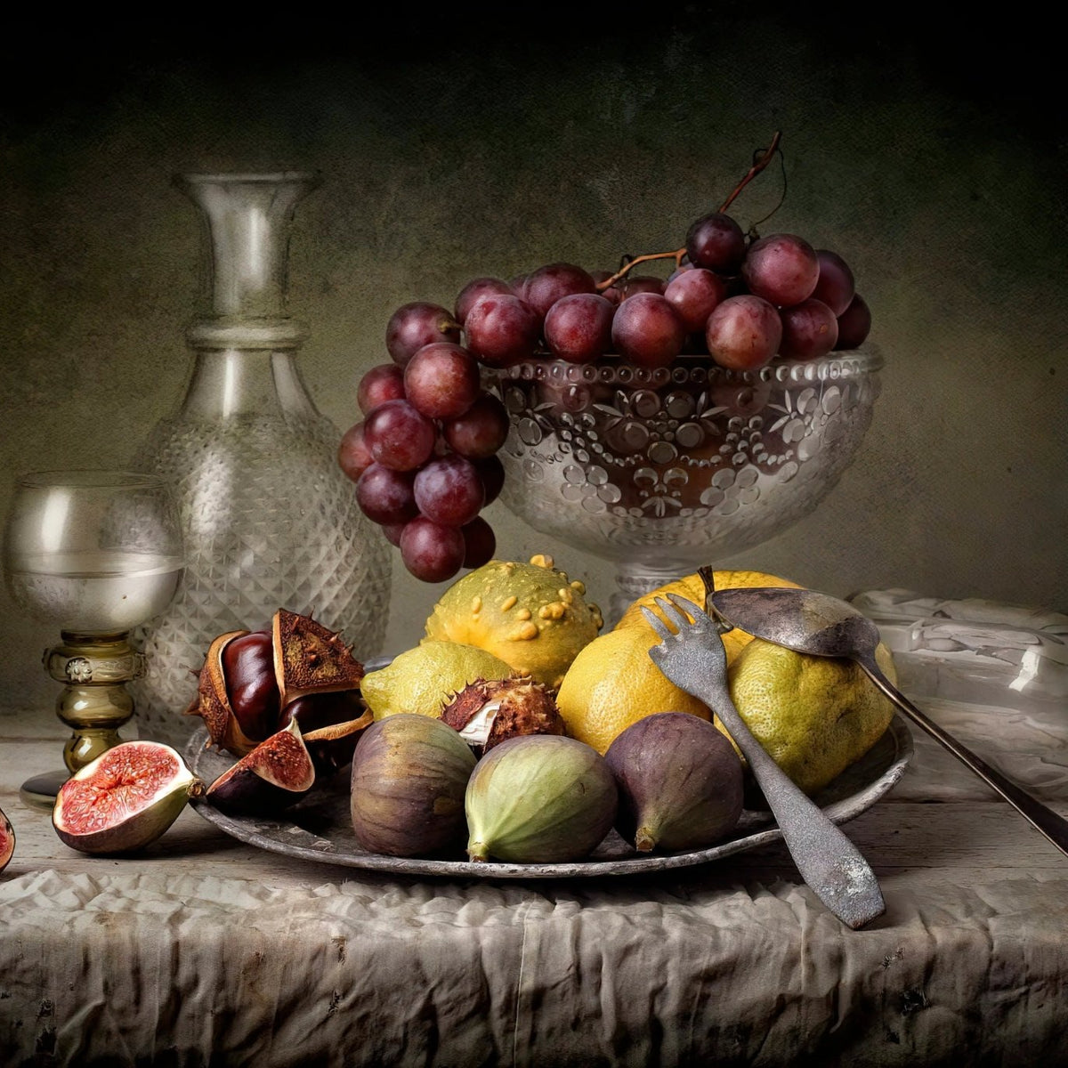 Still Life Oil Painting - Fruits, Glassware and Vintage Utensils - Oil Painting Haven