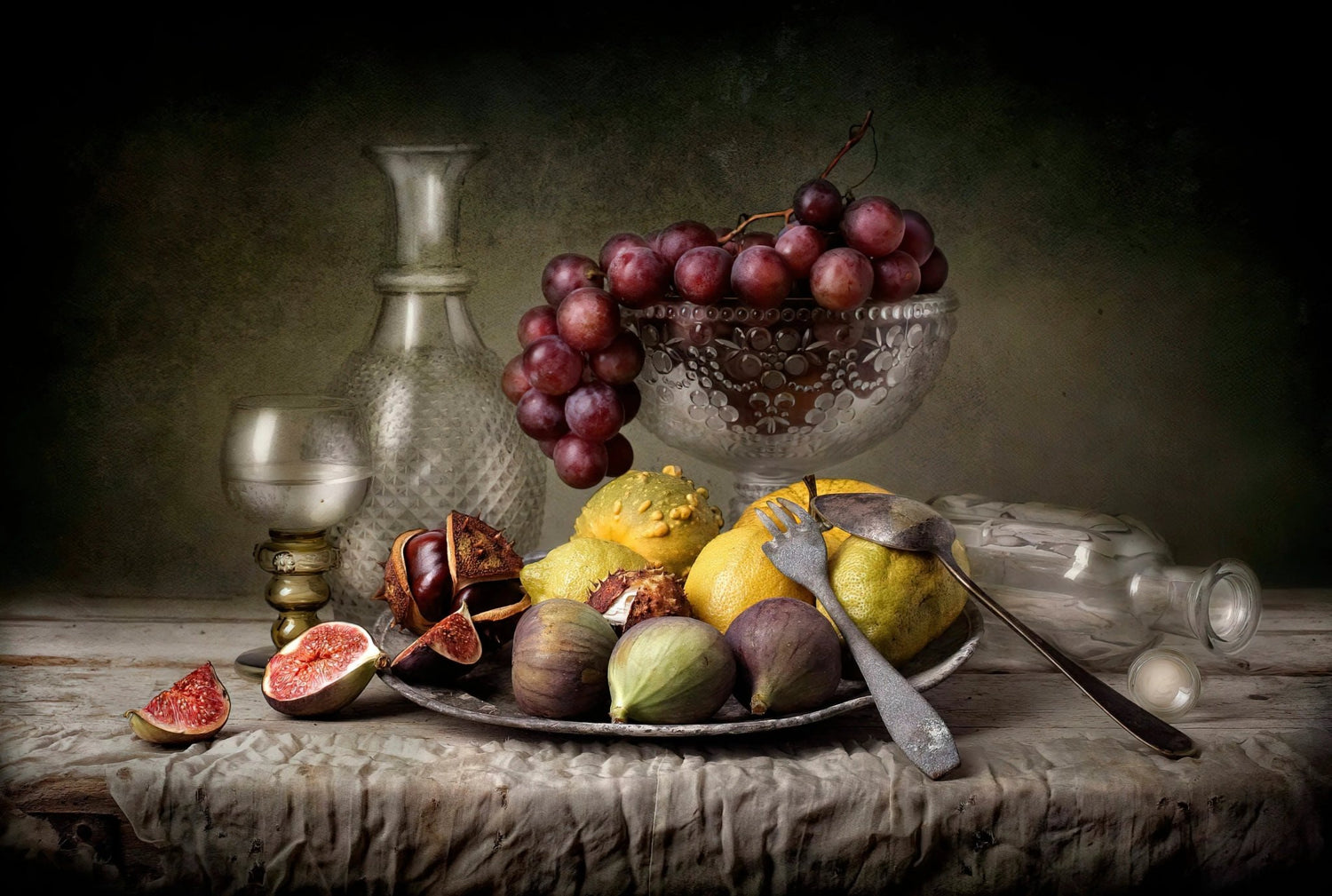 Still Life Oil Painting - Fruits, Glassware and Vintage Utensils - Oil Painting Haven