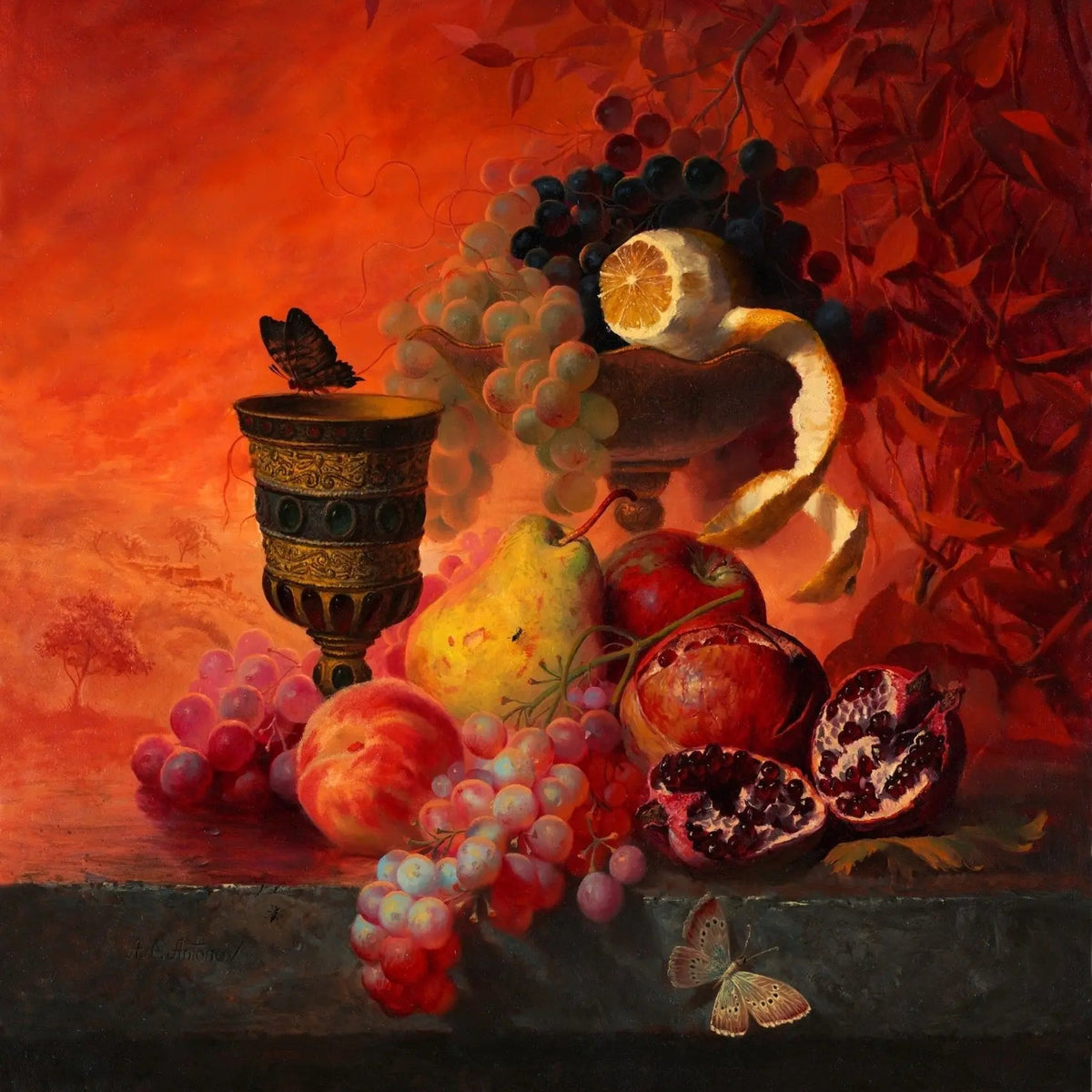 Still Life Oil Painting - Fruits, Goblet and Butterflies - Oil Painting Haven