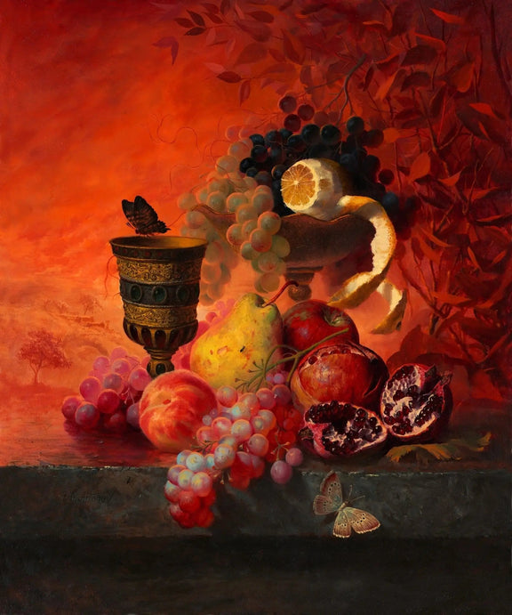 Still Life Oil Painting - Fruits, Goblet and Butterflies - Oil Painting Haven