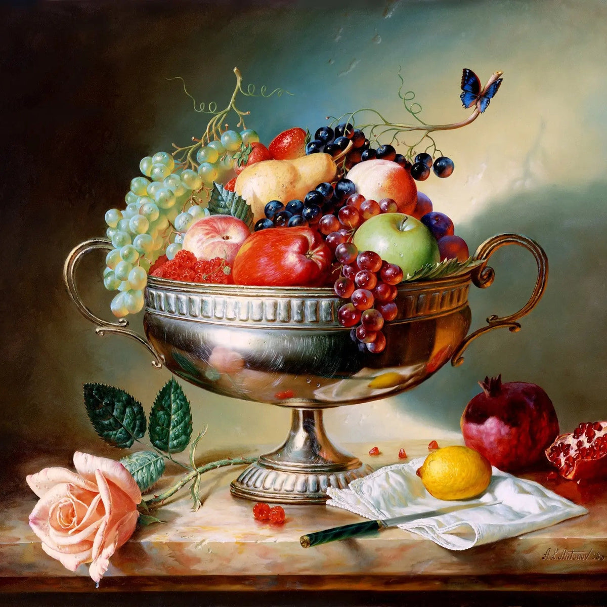 Still Life Oil Painting - Fruits in Silver Bowl with Rose - Oil Painting Haven