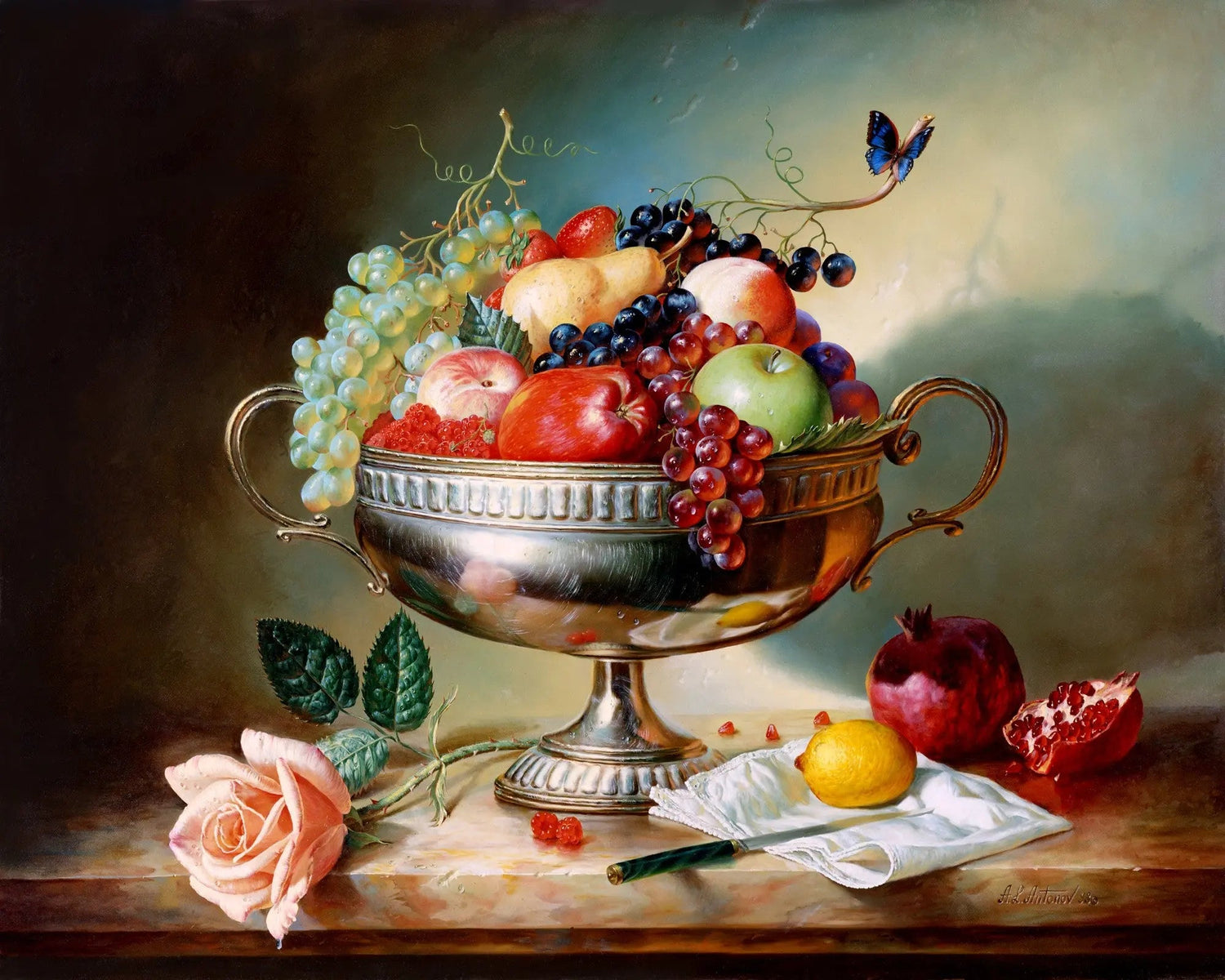 Still Life Oil Painting - Fruits in Silver Bowl with Rose - Oil Painting Haven
