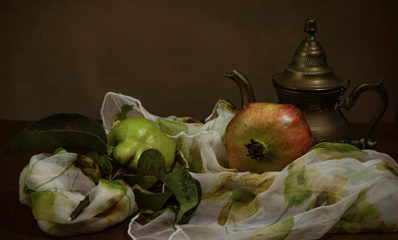 Still Life Oil Painting - Fruits, Metal Teapot and Fabric - Oil Painting Haven