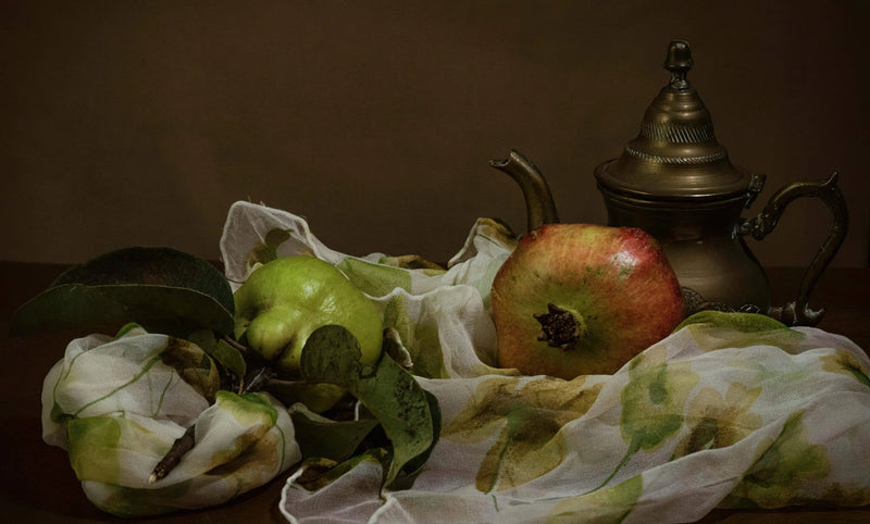 Still Life Oil Painting - Fruits, Metal Teapot and Fabric - Oil Painting Haven