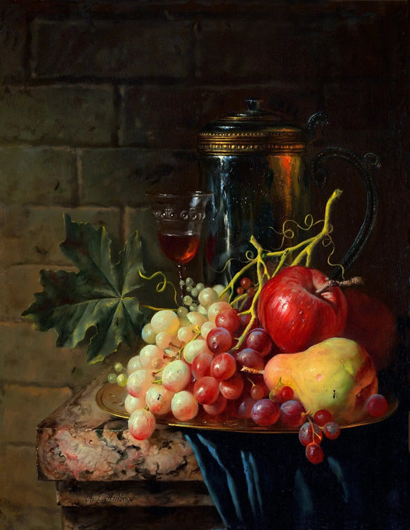 Still Life Oil Painting - Fruits, Pitcher and Wine Glass - Oil Painting Haven