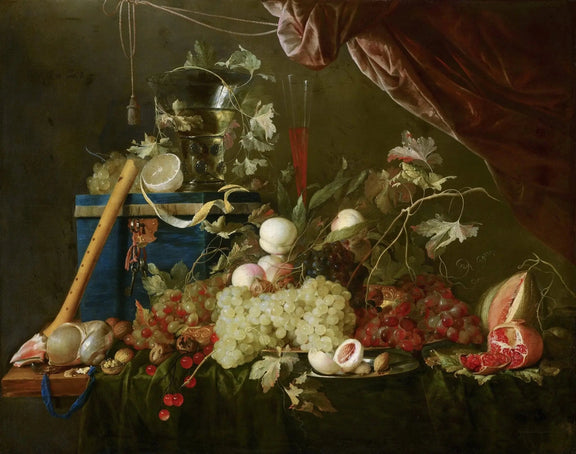 Still Life Oil Painting - Fruits, Shell and Musical Instrument - Oil Painting Haven