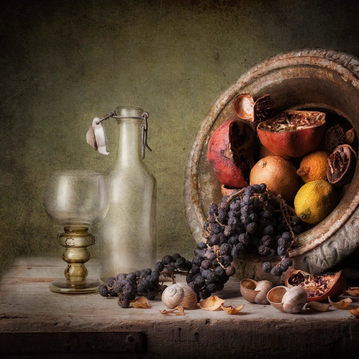 Still Life Oil Painting - Fruits, Shells and Glassware - Oil Painting Haven
