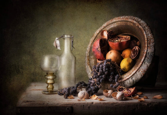 Still Life Oil Painting - Fruits, Shells and Glassware - Oil Painting Haven