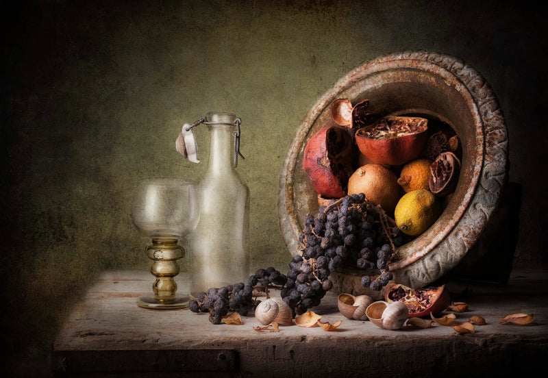 Still Life Oil Painting - Fruits, Shells and Glassware - Oil Painting Haven
