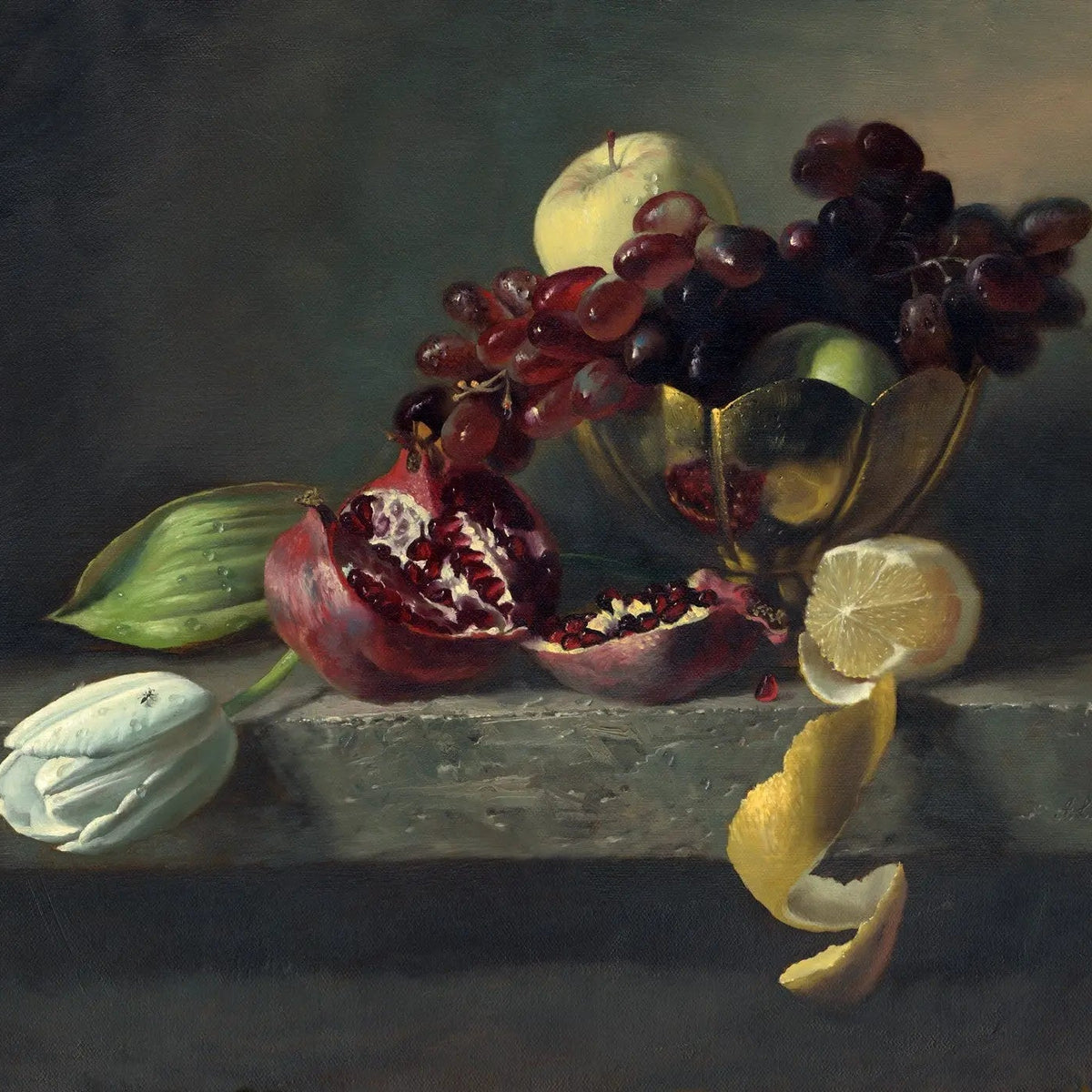 Still Life Oil Painting - Fruits, Tulip and Golden Bowl - Oil Painting Haven