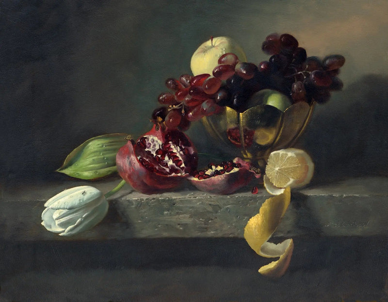 Still Life Oil Painting - Fruits, Tulip and Golden Bowl - Oil Painting Haven