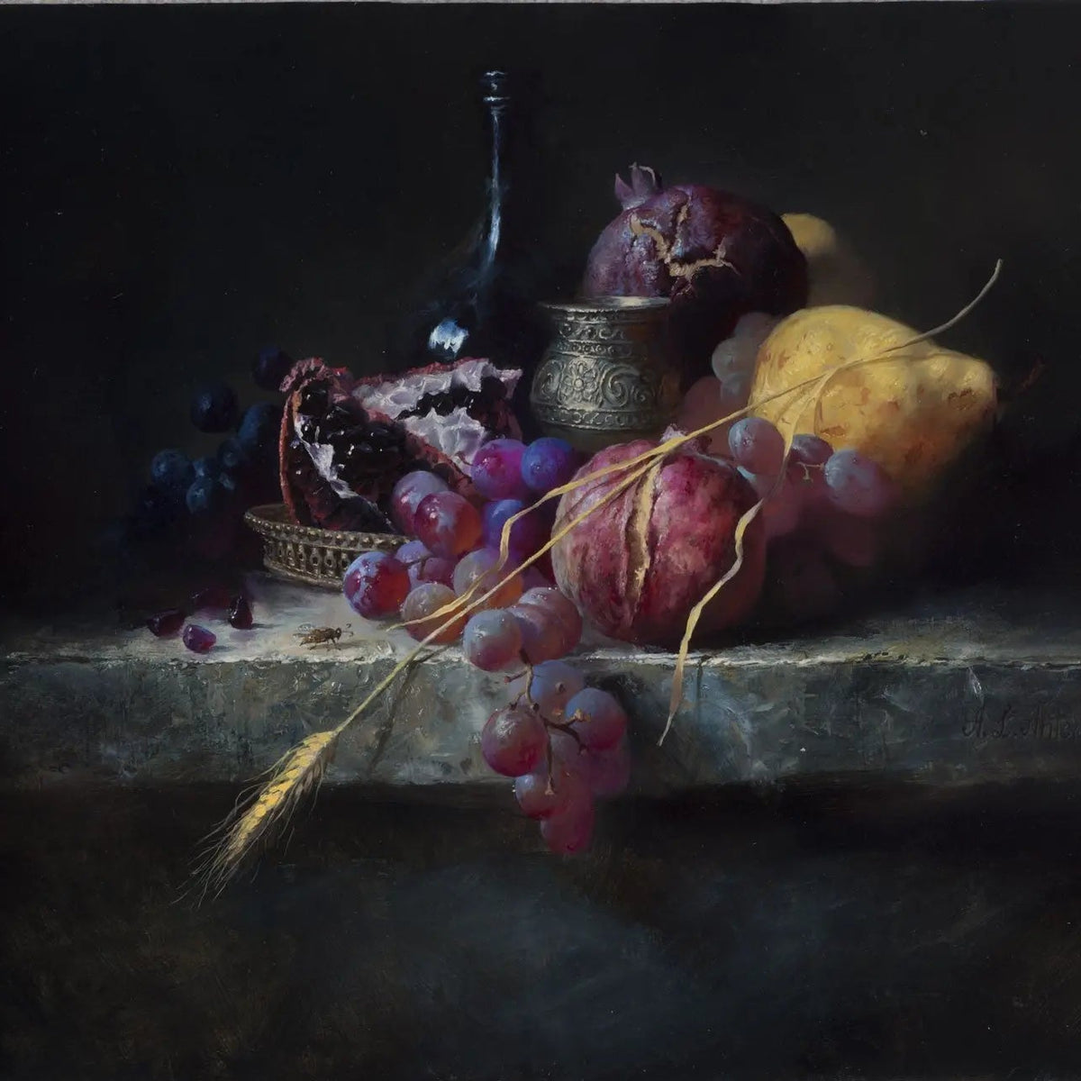 Still Life Oil Painting - Fruits, Wheat and Antique Vessel - Oil Painting Haven