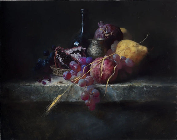 Still Life Oil Painting - Fruits, Wheat and Antique Vessel - Oil Painting Haven