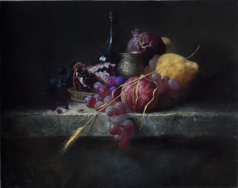 Still Life Oil Painting - Fruits, Wheat and Antique Vessel - Oil Painting Haven