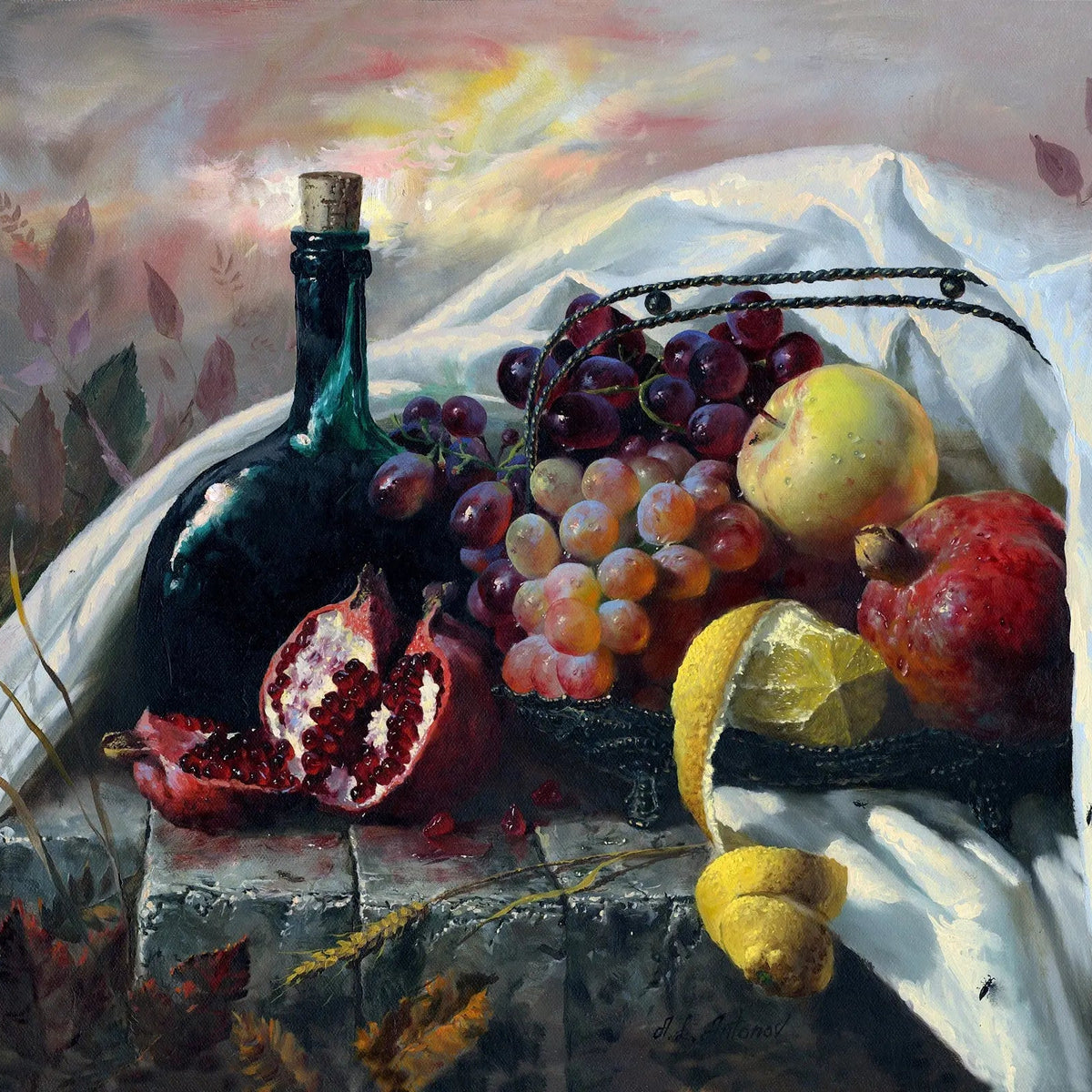 Still Life Oil Painting - Fruits, Wine Bottle and Fabric - Oil Painting Haven