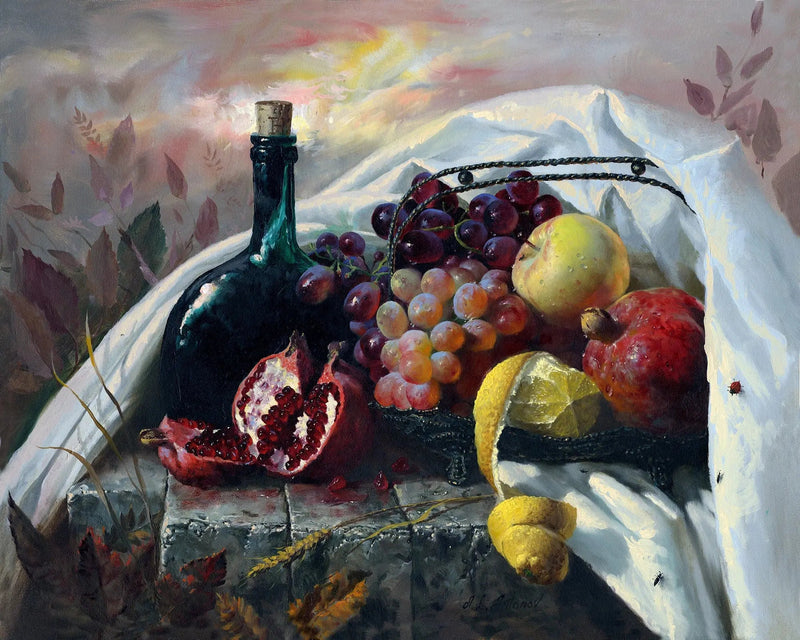 Still Life Oil Painting - Fruits, Wine Bottle and Fabric - Oil Painting Haven