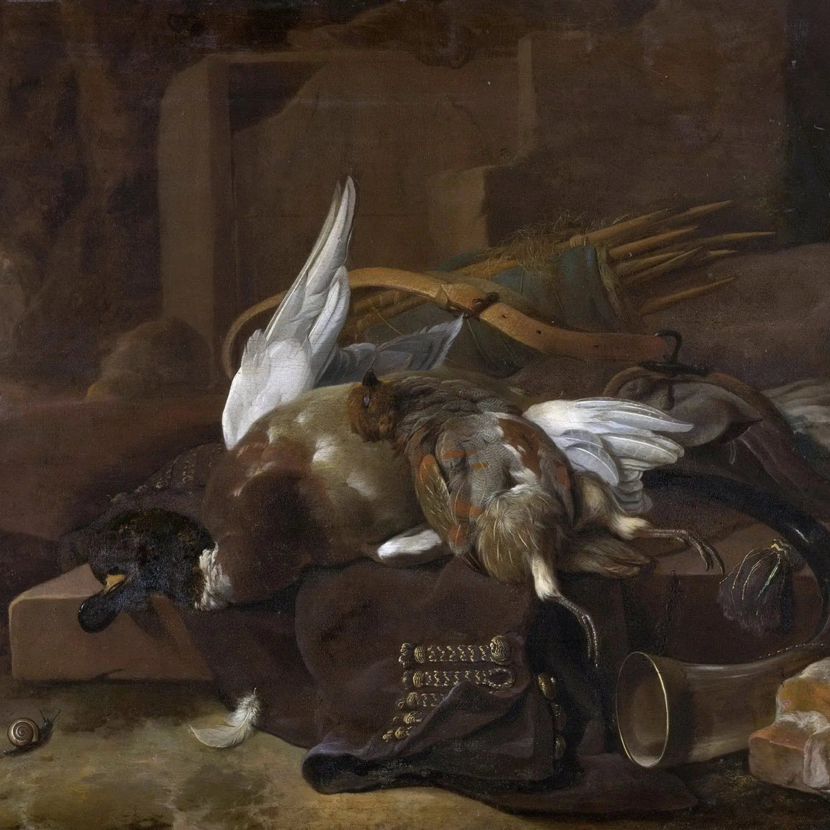 Still Life Oil Painting - Game Birds, Hunting Gear and Snail - Oil Painting Haven