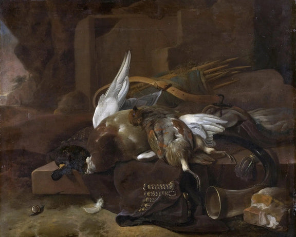 Still Life Oil Painting - Game Birds, Hunting Gear and Snail - Oil Painting Haven