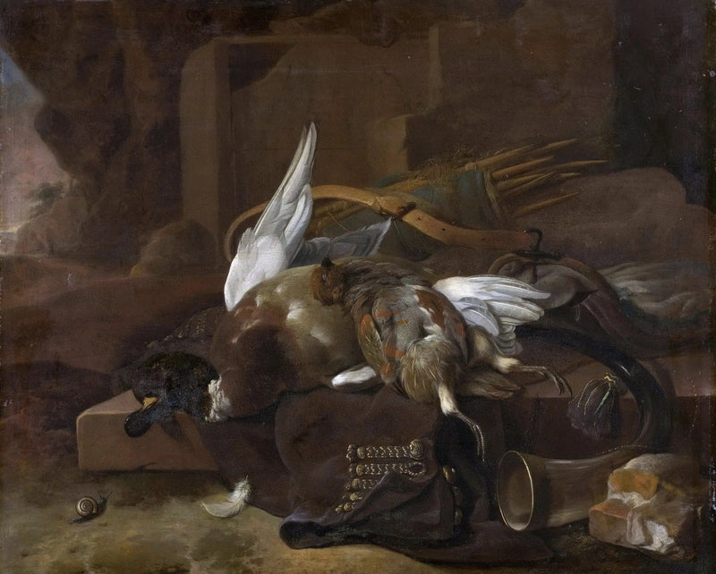 Still Life Oil Painting - Game Birds, Hunting Gear and Snail - Oil Painting Haven