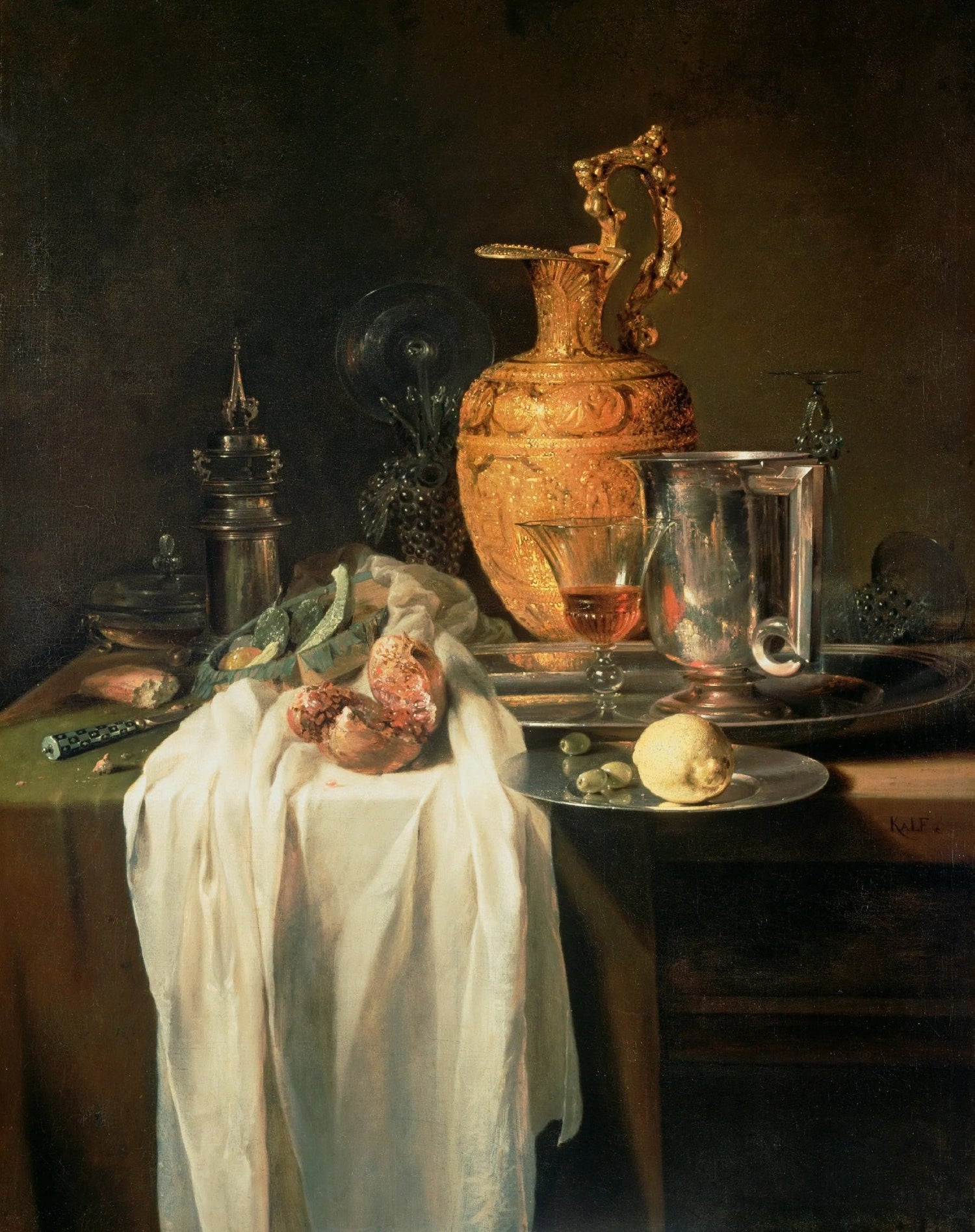 Still Life Oil Painting - Gilt Ewer, Silver Vessel and Fruits - Oil Painting Haven